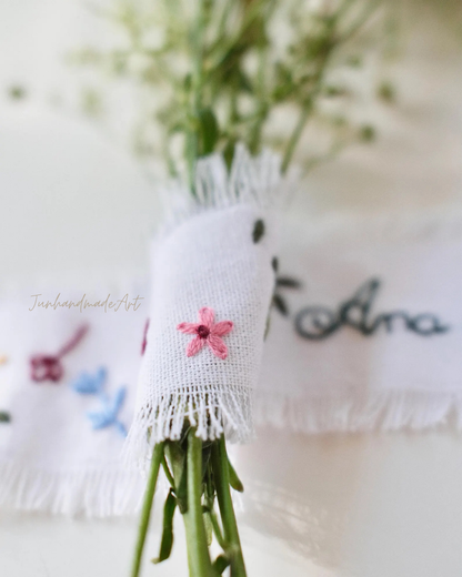 Personalized Embroidered Wedding Ribbon – Custom Linen Tie for Bouquet or Hair, Hand-stitched with Names & Date, Bridal Keepsake Gift