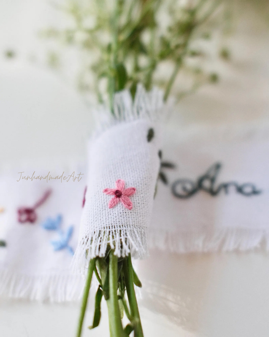 Personalized Embroidered Wedding Ribbon – Custom Linen Tie for Bouquet or Hair, Hand-stitched with Names & Date, Bridal Keepsake Gift