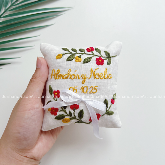 Colorful Wreath Bearer Pillow Linen Wedding Cushion Hand Embroidery Ring Holder Floral Ring Pillow Wedding Gift