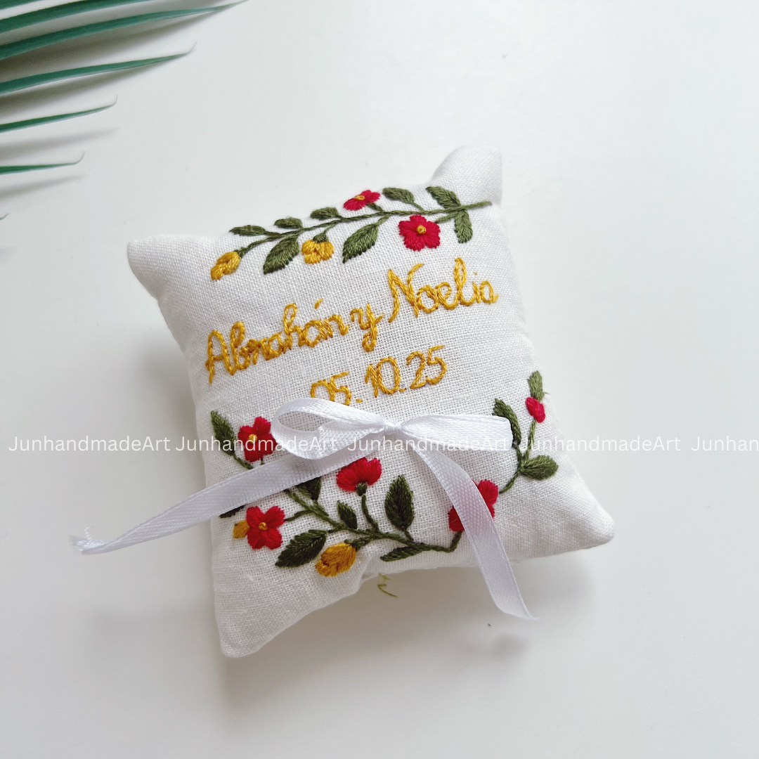 Colorful Wreath Bearer Pillow Linen Wedding Cushion Hand Embroidery Ring Holder Floral Ring Pillow Wedding Gift