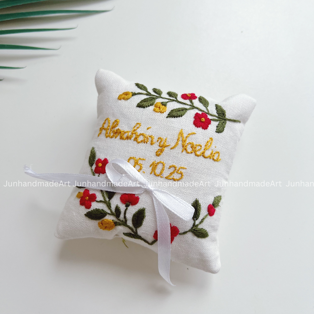 Colorful Wreath Bearer Pillow Linen Wedding Cushion Hand Embroidery Ring Holder Floral Ring Pillow Wedding Gift