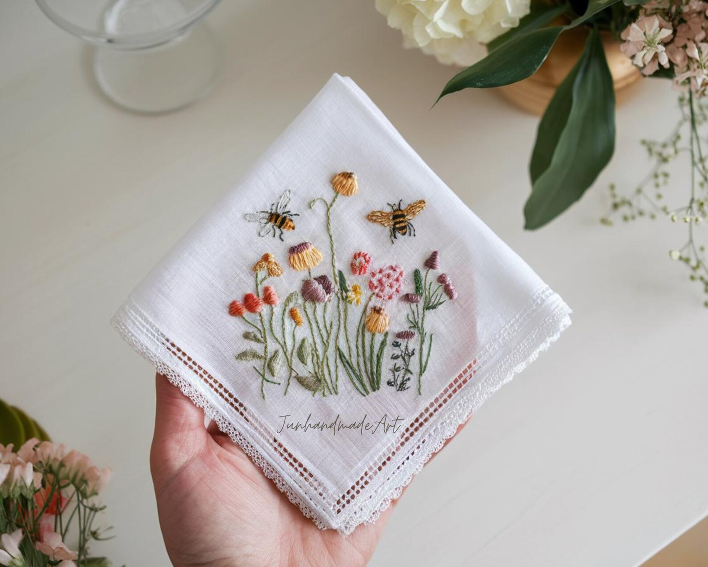 Embroidered Wedding Handkerchief – Custom Floral Hankie for Bride, Bridal Gift, Personalized with Name & Date, Gift for Bride