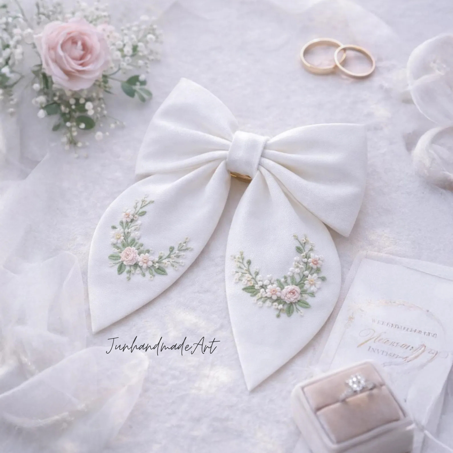 Personalized Linen Hair Bow – Hand Embroidered Flower Bow with Pattern – Custom Name Text Bow for Girls, Handmade Hairpin Bow for Girl