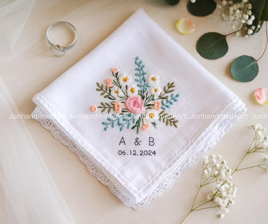 Embroidered Wedding Handkerchief – Custom Floral Hankie for Bride, Bridal Gift, Personalized with Name & Date, Gift for Bride