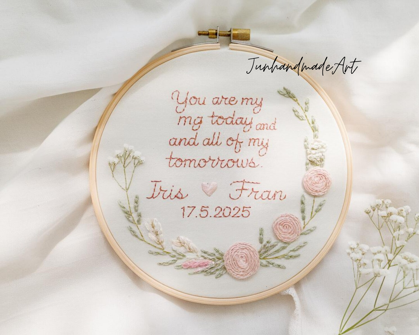 Custom Wedding Embroidery Hoop with Flowers and Names – Personalized Hand Embroidered Wildflowers Gift for Couple, Anniversary