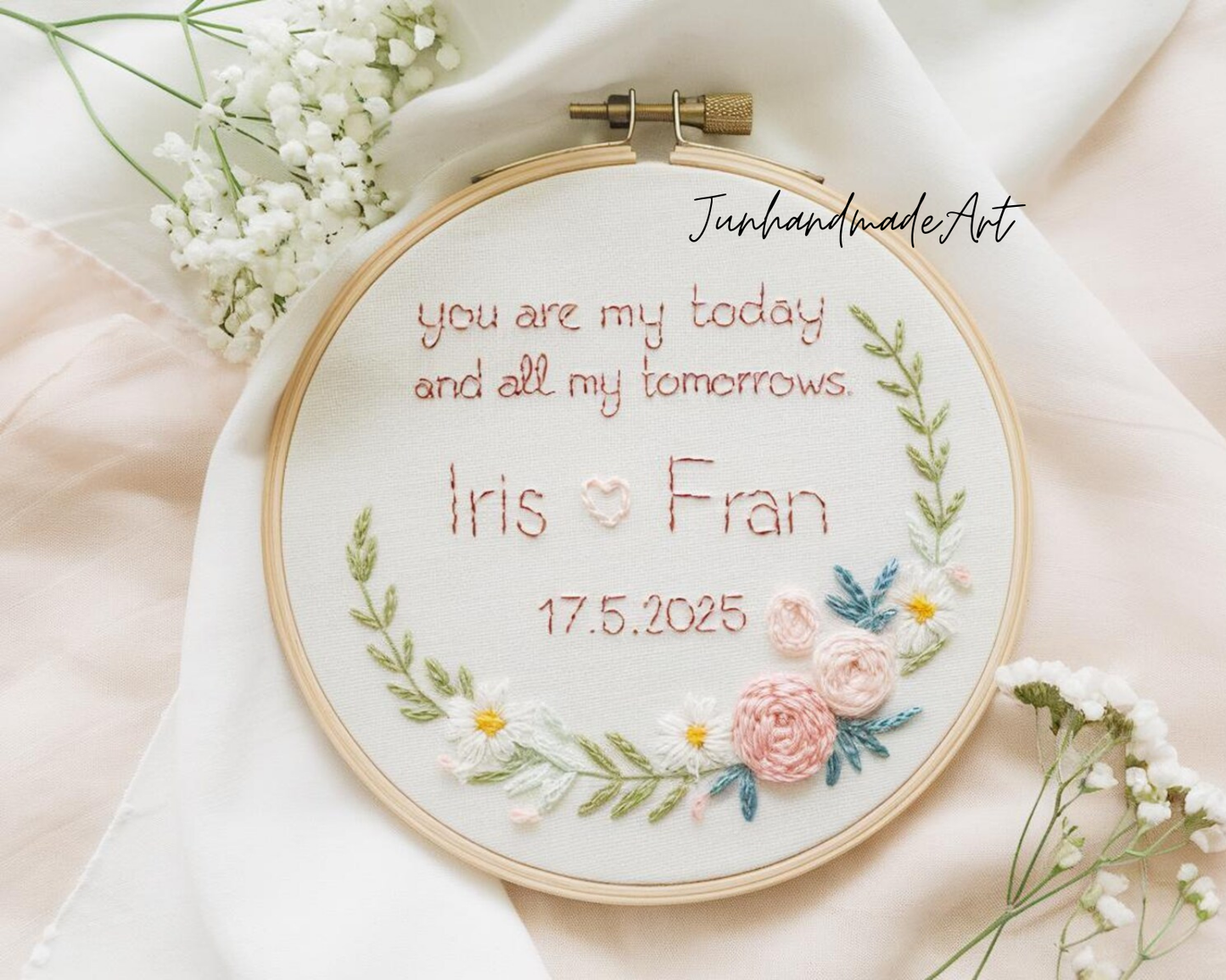 Custom Wedding Embroidery Hoop with Flowers and Names – Personalized Hand Embroidered Wildflowers Gift for Couple, Anniversary