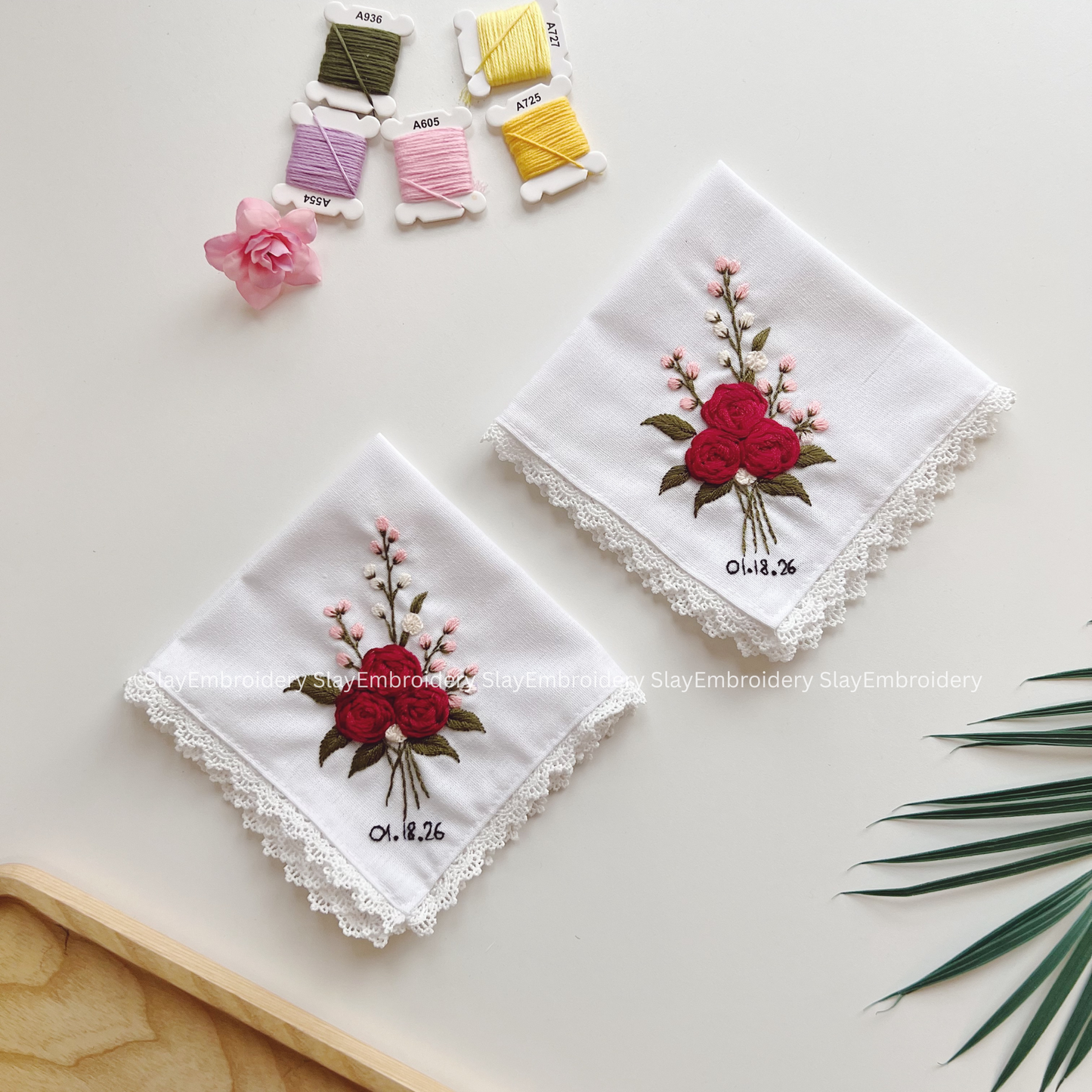 Wild Rose Kiss Wedding Handkerchief, Custom Embroidered Handkerchief, Linen Handkerchiefs