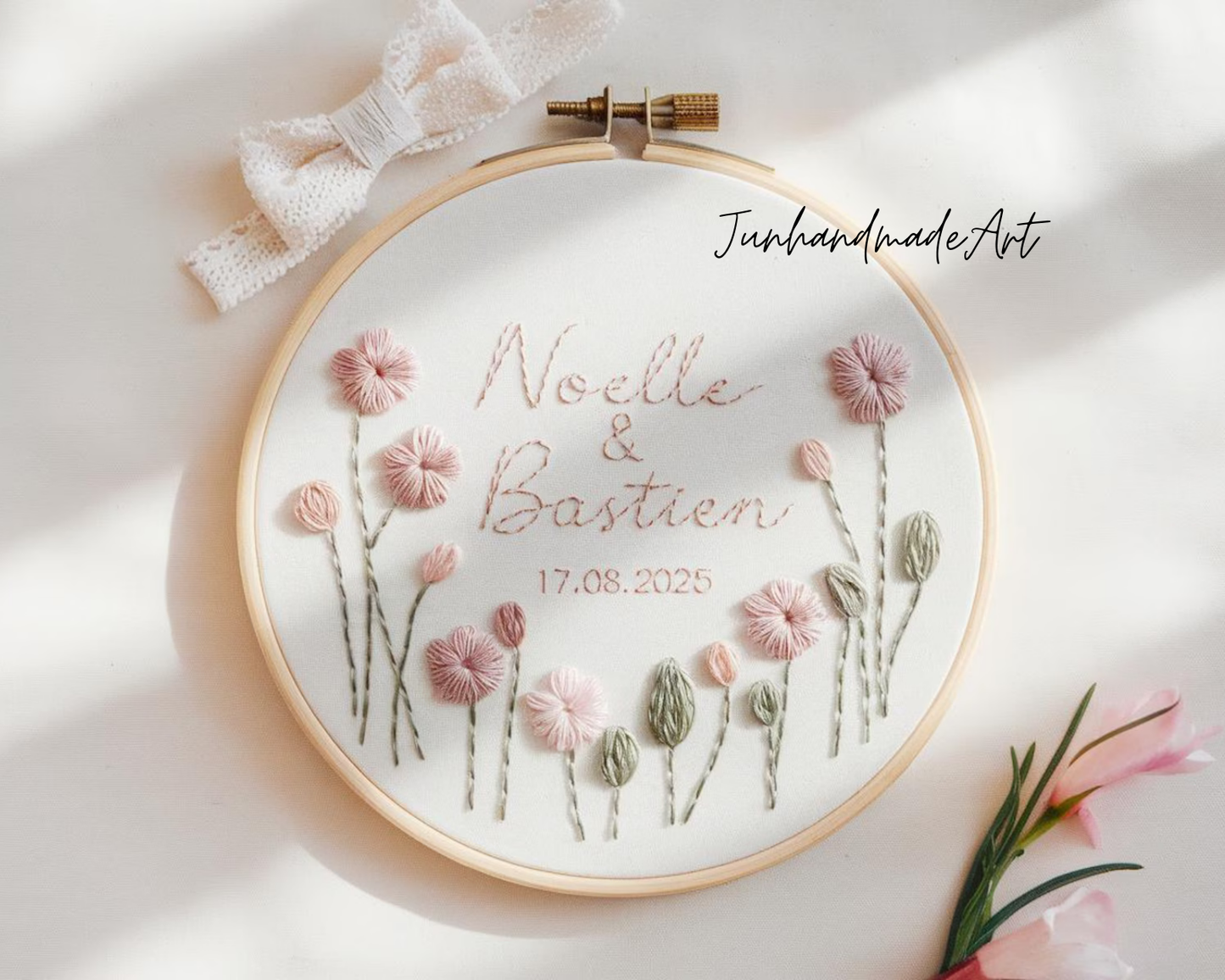 Custom Wedding Embroidery Hoop with Flowers and Names – Personalized Hand Embroidered Wildflowers Gift for Couple, Anniversary