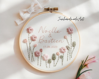Custom Wedding Embroidery Hoop with Flowers and Names – Personalized Hand Embroidered Wildflowers Gift for Couple, Anniversary