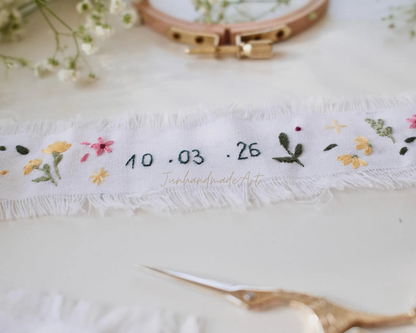 Personalized Embroidered Wedding Ribbon – Custom Linen Tie for Bouquet or Hair, Hand-stitched with Names & Date, Bridal Keepsake Gift