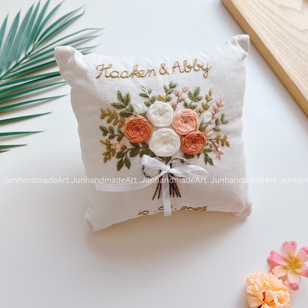 Orange Roses Bouquet Bearer Pillow Linen Wedding Cushion Hand Embroidery Ring Holder Floral Ring Pillow Wedding Gift