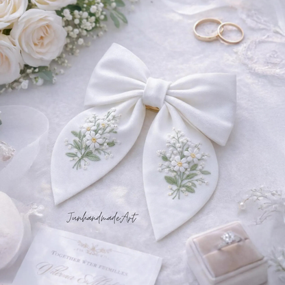 Personalized Linen Hair Bow – Hand Embroidered Flower Bow with Pattern – Custom Name Text Bow for Girls, Handmade Hairpin Bow for Girl