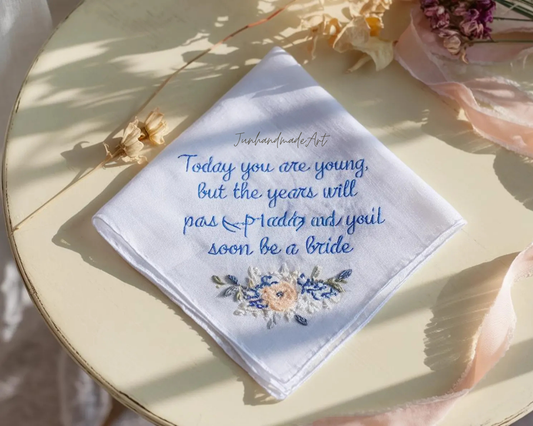 Personalized Wedding Handkerchief for Bride – Custom Embroidered Linen Hankie with Name, Date, or Quote – Bride Gift, Handmade Wedding Gift