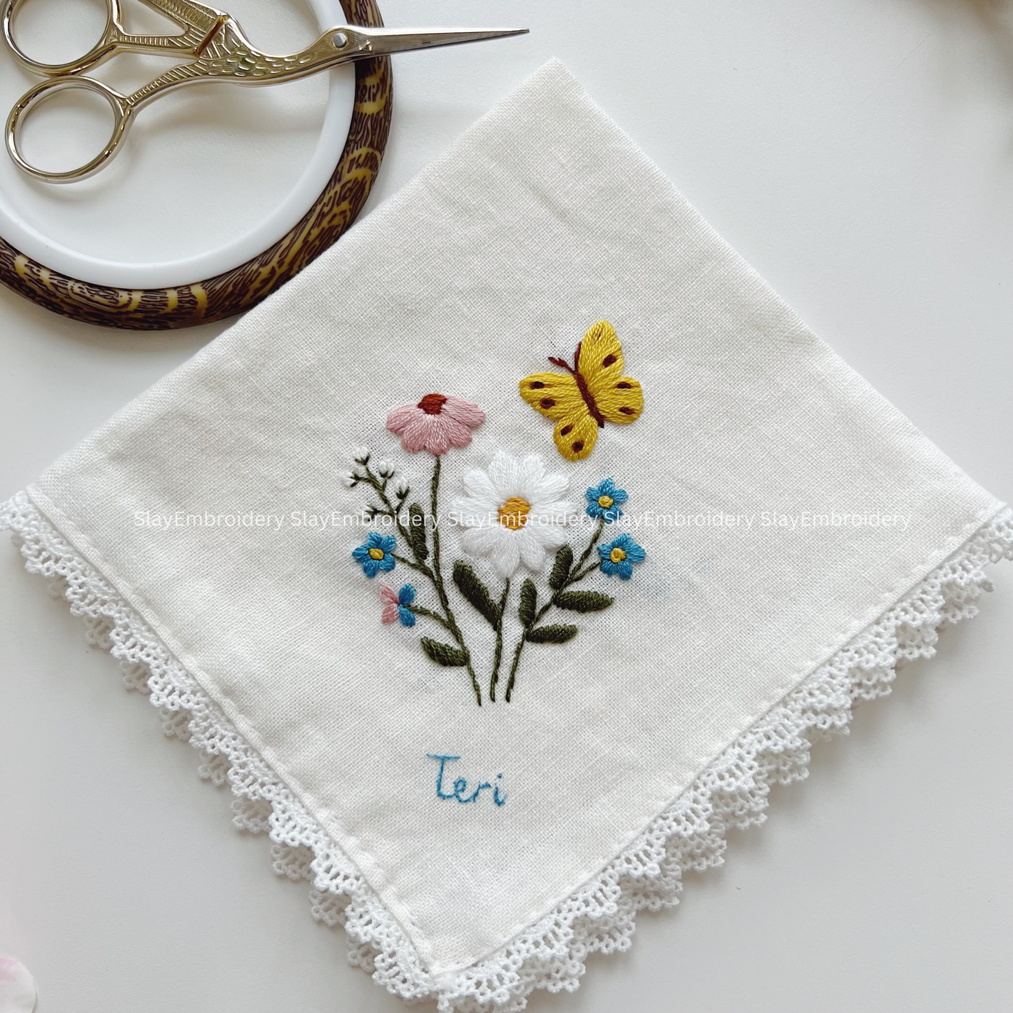 Pastel Daisies Wedding Handkerchief, Custom Embroidered Handkerchief, Linen Handkerchiefs