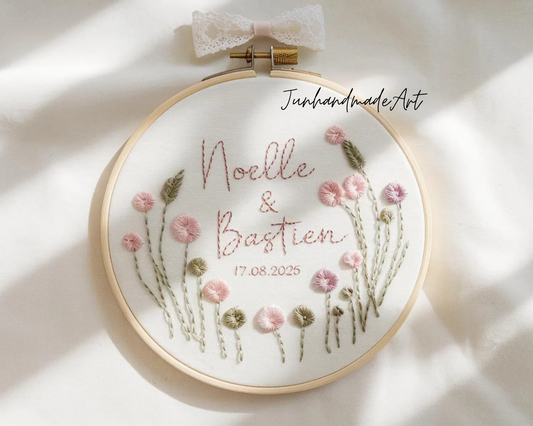 Custom Wedding Embroidery Hoop with Flowers and Names – Personalized Hand Embroidered Wildflowers Gift for Couple, Anniversary
