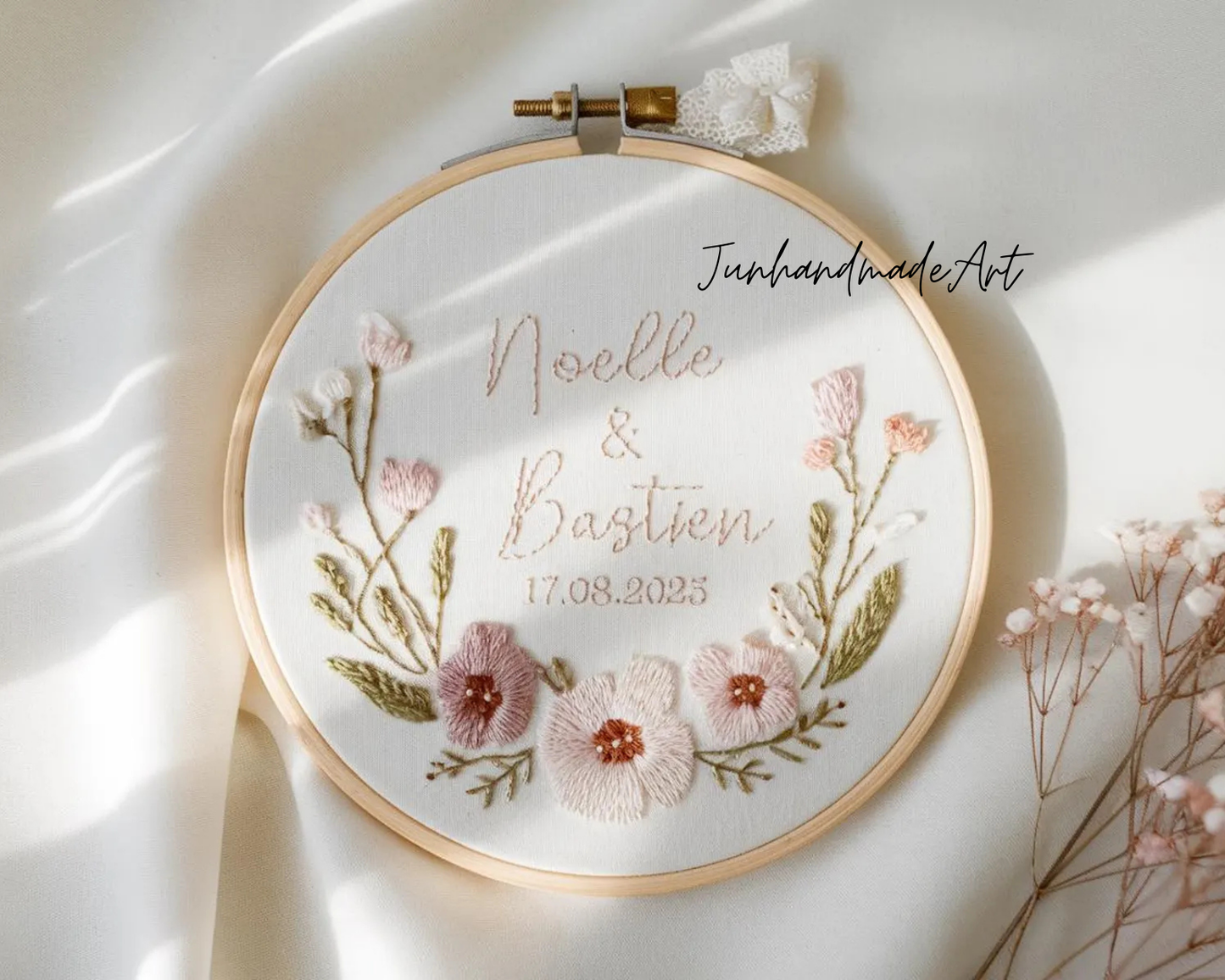 Custom Wedding Embroidery Hoop with Flowers and Names – Personalized Hand Embroidered Wildflowers Gift for Couple, Anniversary