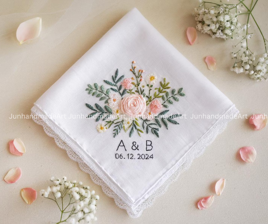 Embroidered Wedding Handkerchief – Custom Floral Hankie for Bride, Bridal Gift, Personalized with Name & Date, Gift for Bride