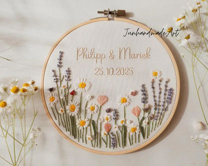Custom Wedding Embroidery Hoop with Flowers and Names – Personalized Hand Embroidered Wildflowers Gift for Couple, Anniversary