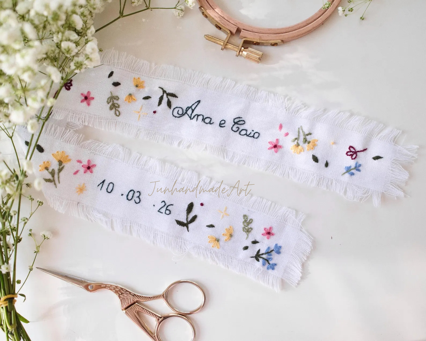 Personalized Embroidered Wedding Ribbon – Custom Linen Tie for Bouquet or Hair, Hand-stitched with Names & Date, Bridal Keepsake Gift