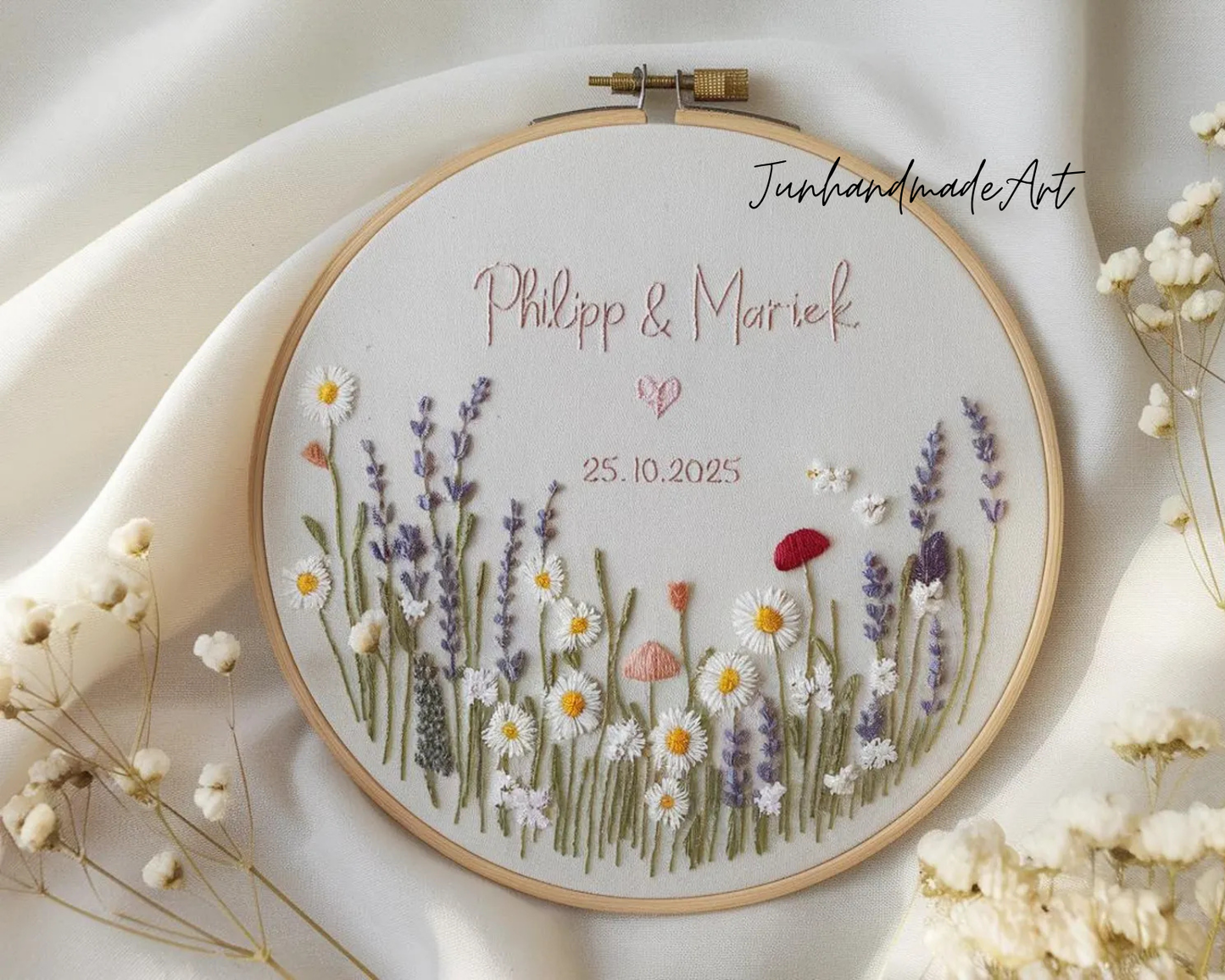 Custom Wedding Embroidery Hoop with Flowers and Names – Personalized Hand Embroidered Wildflowers Gift for Couple, Anniversary