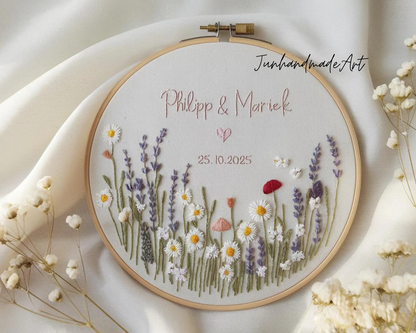 Custom Wedding Embroidery Hoop with Flowers and Names – Personalized Hand Embroidered Wildflowers Gift for Couple, Anniversary