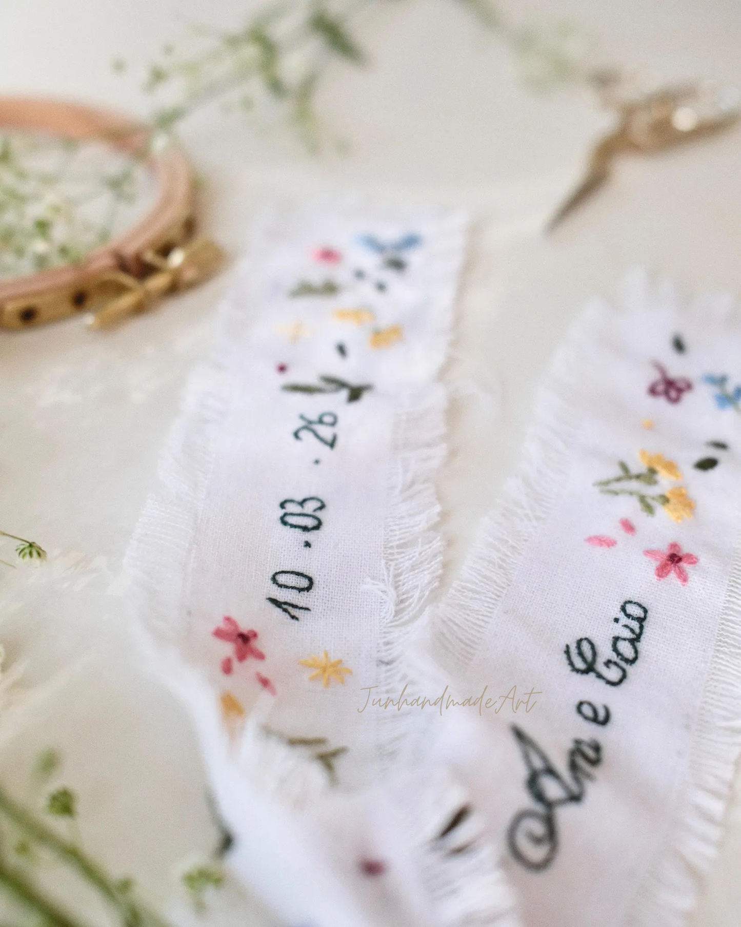 Personalized Embroidered Wedding Ribbon – Custom Linen Tie for Bouquet or Hair, Hand-stitched with Names & Date, Bridal Keepsake Gift