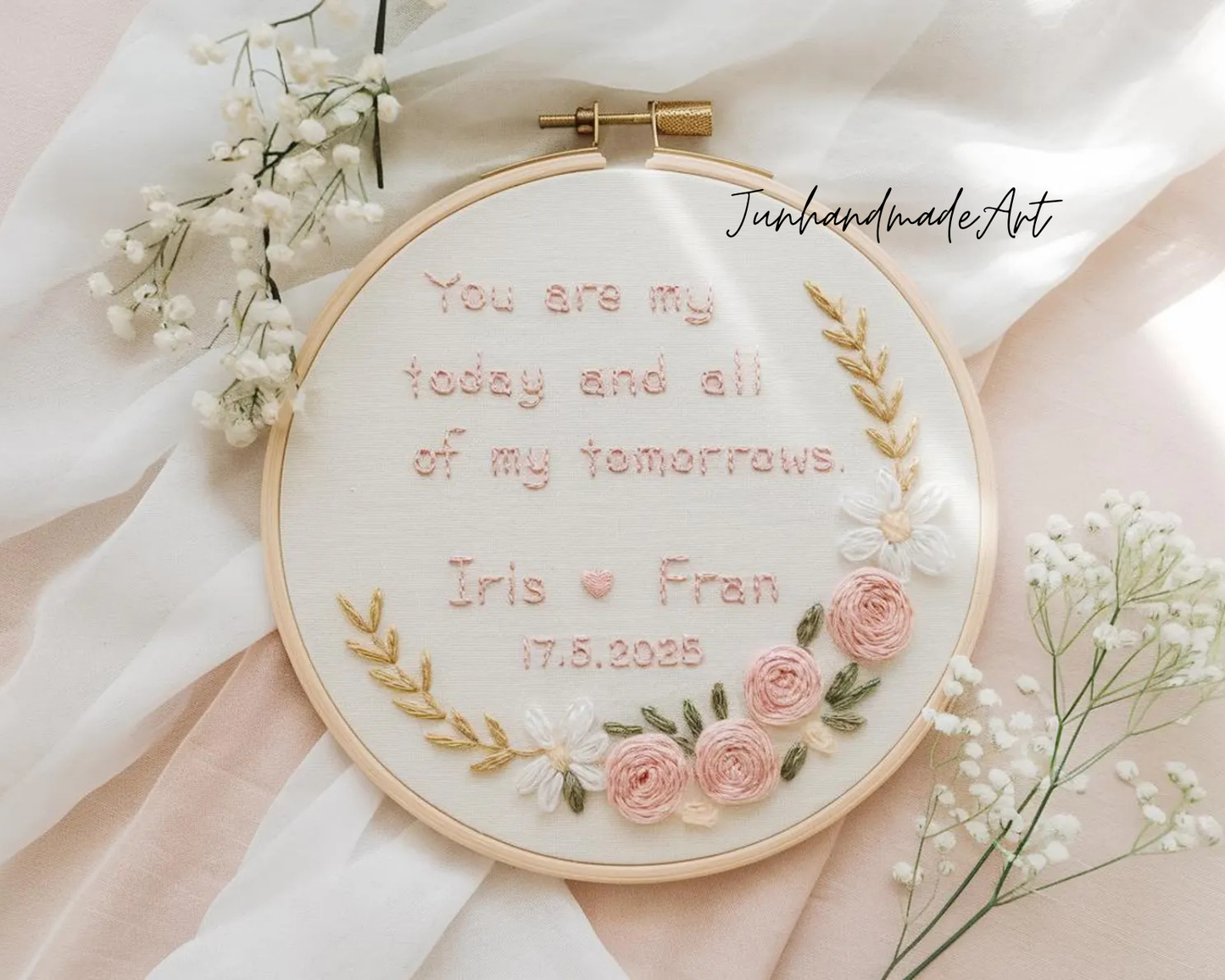 Custom Wedding Embroidery Hoop with Flowers and Names – Personalized Hand Embroidered Wildflowers Gift for Couple, Anniversary