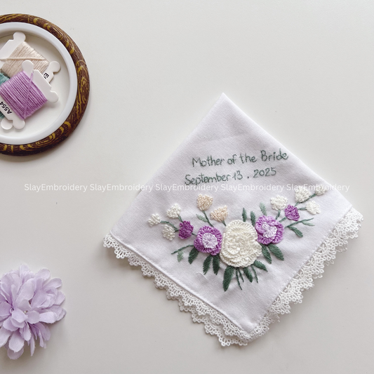 3D White and Purple Roses Wedding Handkerchief, Custom Embroidered Handkerchief, Linen Handkerchiefs