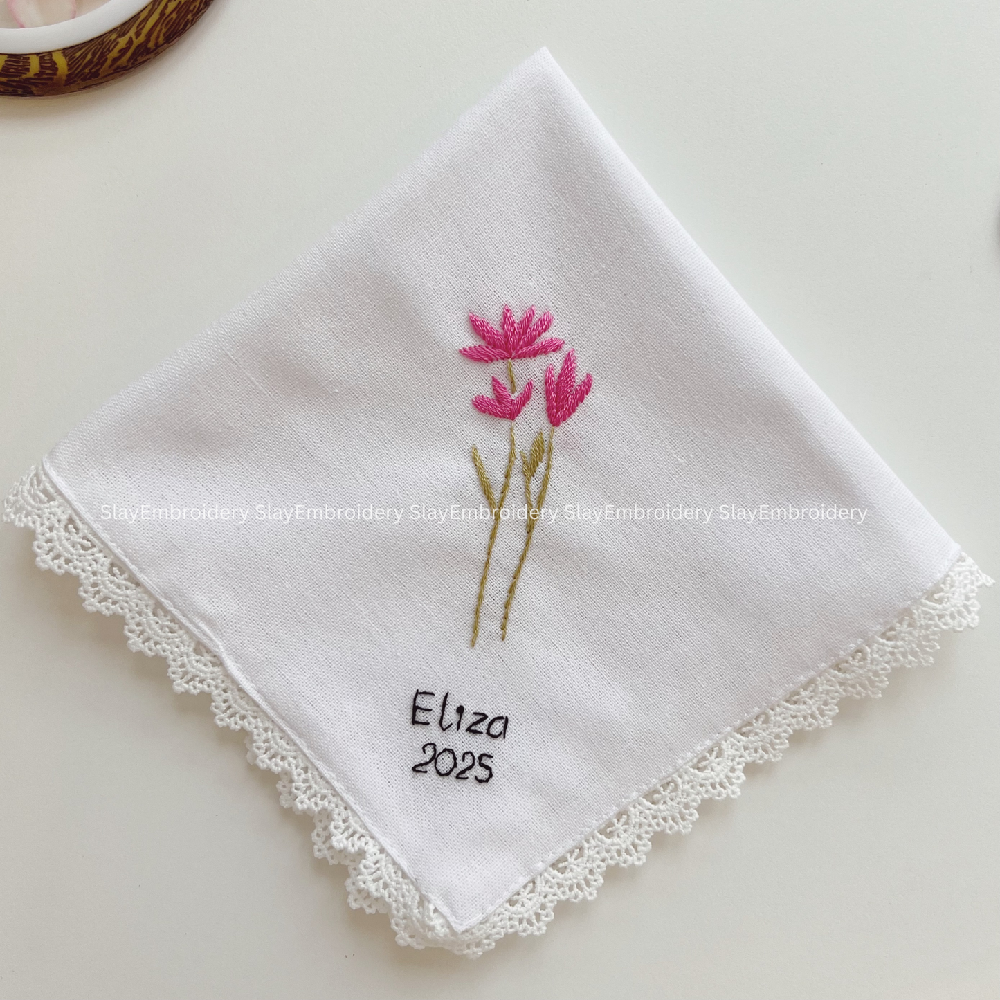 Pink Flame Wedding Handkerchief, Custom Embroidered Handkerchief, Linen Handkerchiefs