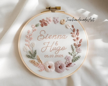 Custom Wedding Embroidery Hoop with Flowers and Names – Personalized Hand Embroidered Wildflowers Gift for Couple, Anniversary