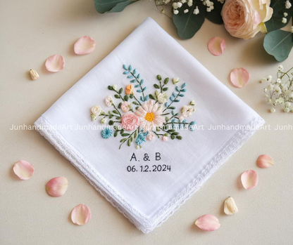 Embroidered Wedding Handkerchief – Custom Floral Hankie for Bride, Bridal Gift, Personalized with Name & Date, Gift for Bride