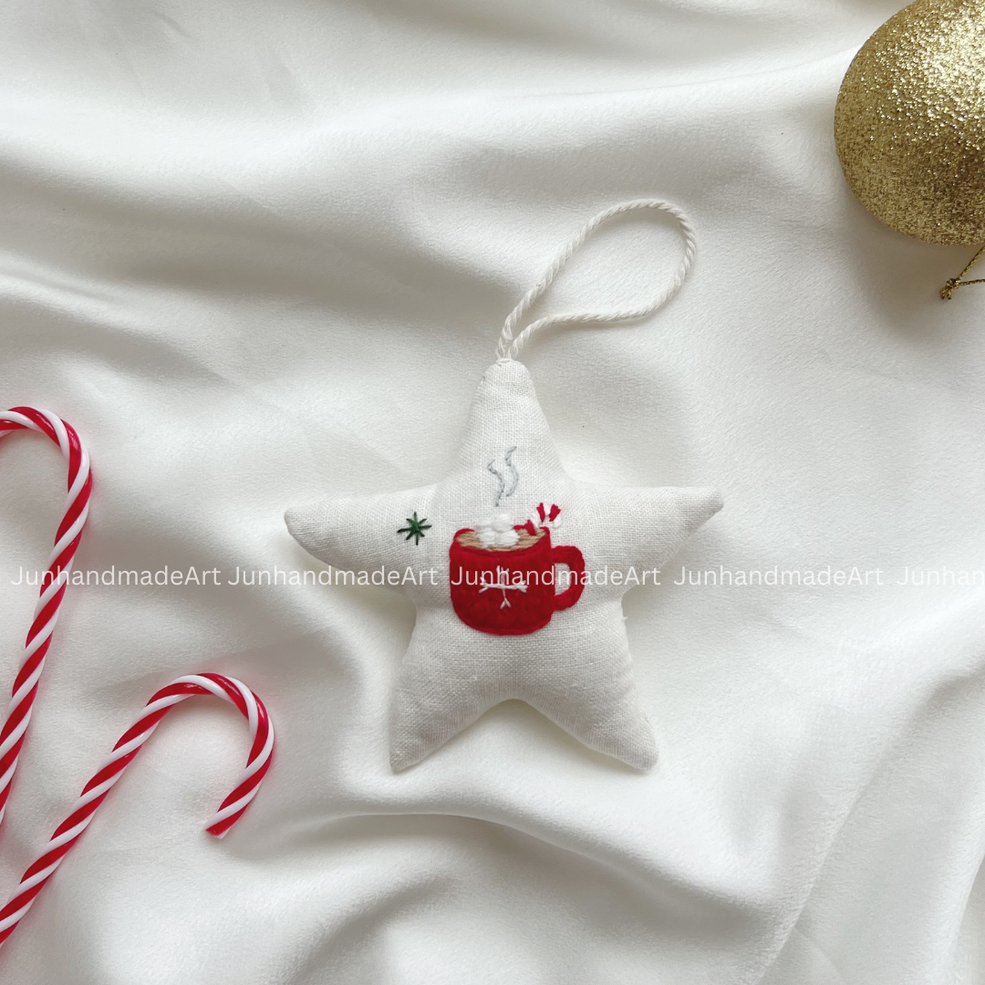 Hot Chocolate Cup Christmas Star Ornament – Hand Embroidered Linen Floral Ornament – Custom Christmas Gift Decoration