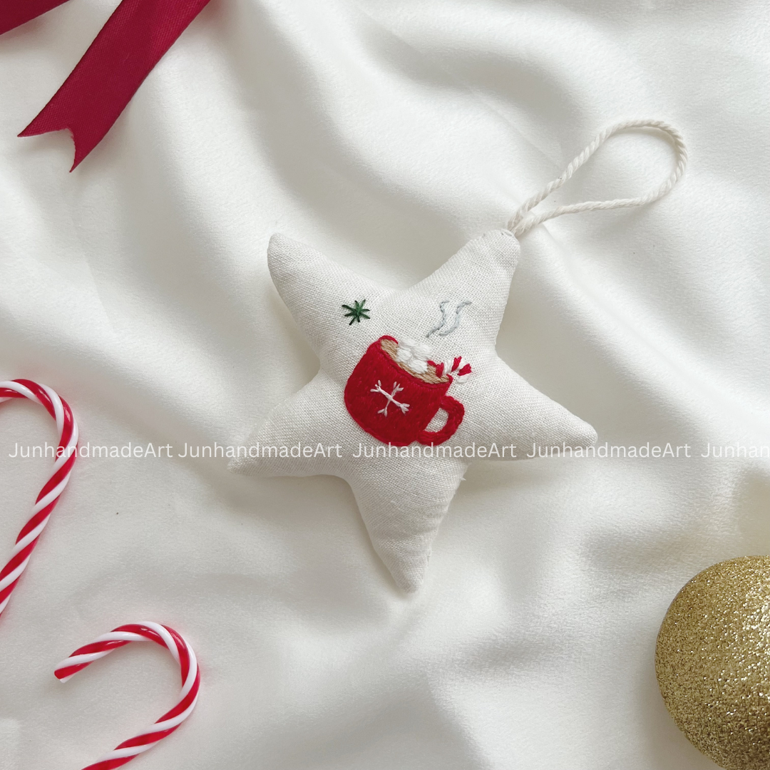 Hot Chocolate Cup Christmas Star Ornament – Hand Embroidered Linen Floral Ornament – Custom Christmas Gift Decoration