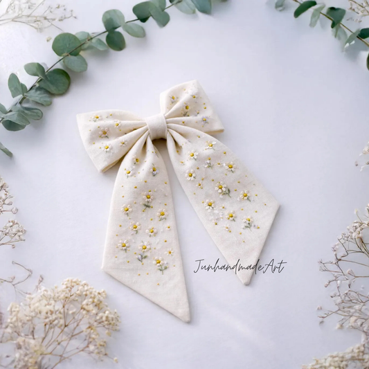 Personalized Linen Hair Bow – Hand Embroidered Flower Bow with Pattern – Custom Name Text Bow for Girls, Handmade Hairpin Bow for Girl