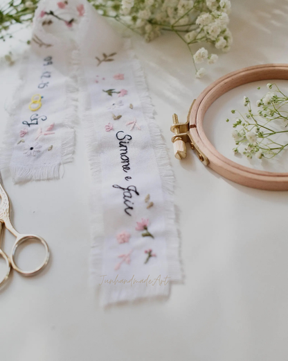 Personalized Embroidered Wedding Ribbon – Custom Linen Tie for Bouquet or Hair, Hand-stitched with Names & Date, Bridal Keepsake Gift