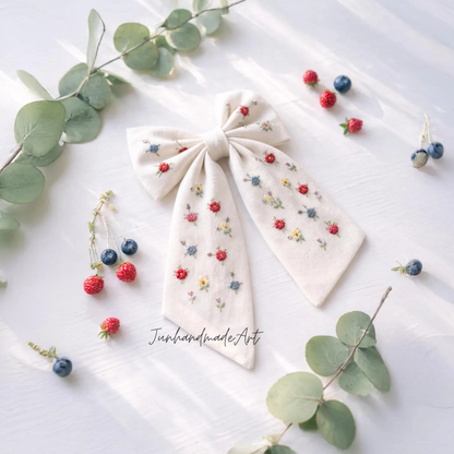 Personalized Linen Hair Bow – Hand Embroidered Flower Bow with Pattern – Custom Name Text Bow for Girls, Handmade Hairpin Bow for Girl