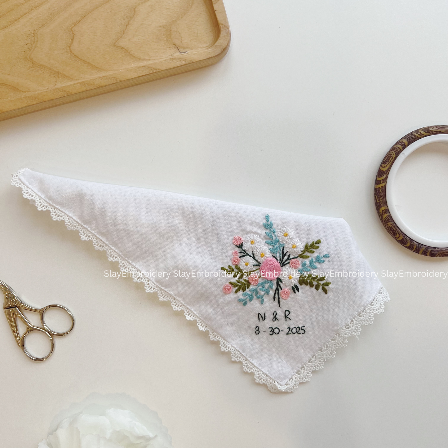 Petal Mix Wedding Handkerchief, Custom Embroidered Handkerchief, Linen Handkerchiefs