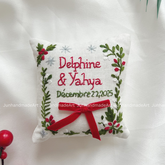 Joyful Holiday Bearer Pillow Linen Wedding Cushion Hand Embroidery Ring Holder Floral Ring Pillow Wedding Gift