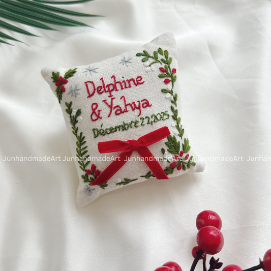 Joyful Holiday Bearer Pillow Linen Wedding Cushion Hand Embroidery Ring Holder Floral Ring Pillow Wedding Gift