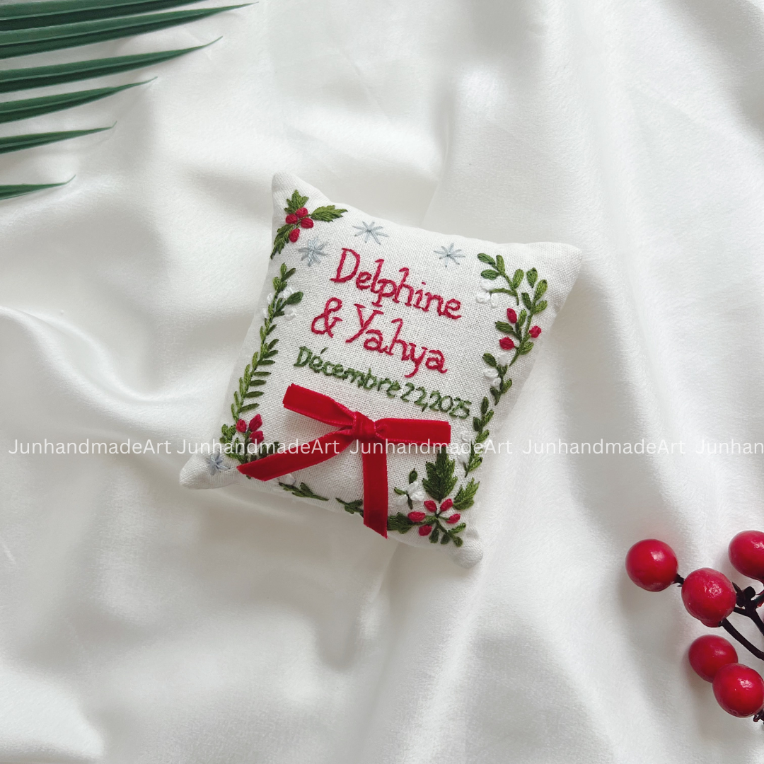 Joyful Holiday Bearer Pillow Linen Wedding Cushion Hand Embroidery Ring Holder Floral Ring Pillow Wedding Gift