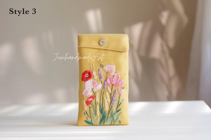Hand Embroidered Floral Eyeglass Case, Soft Linen Glasses Pouch, Custom Sunglasses Holder Gift for Her