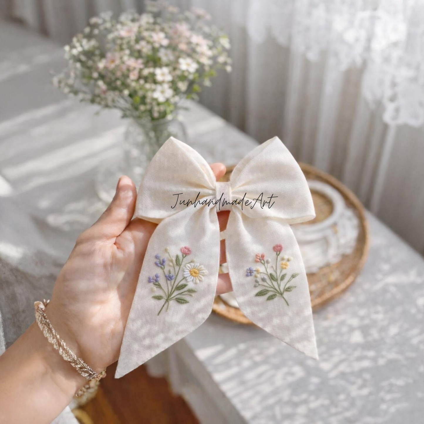 Personalized Linen Hair Bow – Hand Embroidered Flower Bow with Initial – Custom Name Text Bow for Girls, Handmade Hairpin Bow for Girl