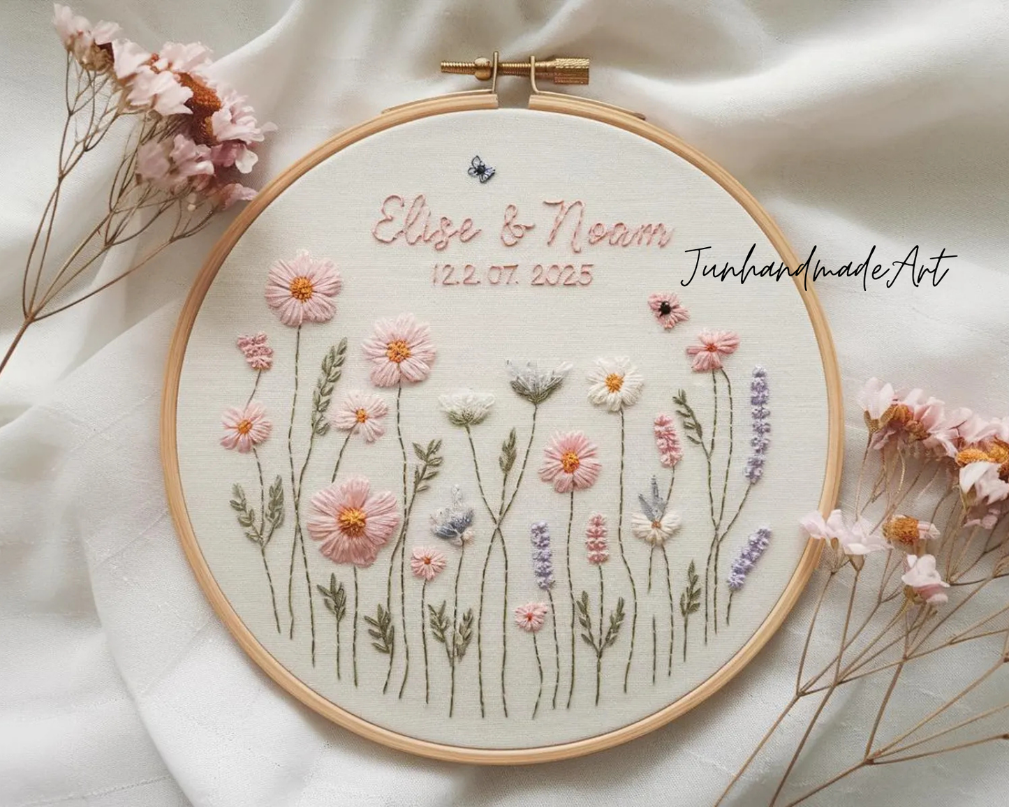 Custom Wedding Embroidery Hoop with Flowers and Names – Personalized Hand Embroidered Wildflowers Gift for Couple, Anniversary