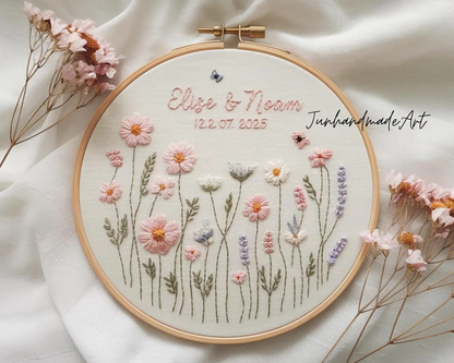 Custom Wedding Embroidery Hoop with Flowers and Names – Personalized Hand Embroidered Wildflowers Gift for Couple, Anniversary