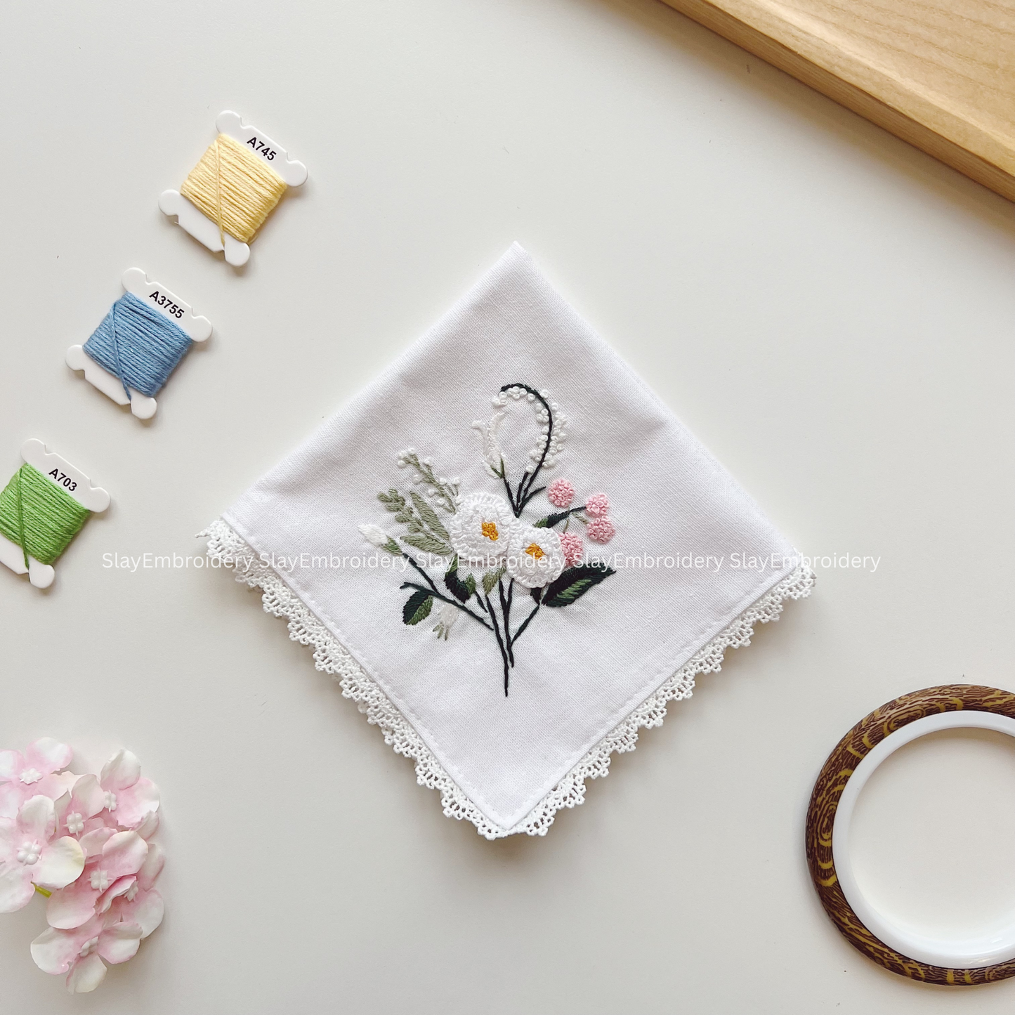 Gentle Blossoms Wedding Handkerchief, Custom Embroidered Handkerchief, Linen Handkerchiefs