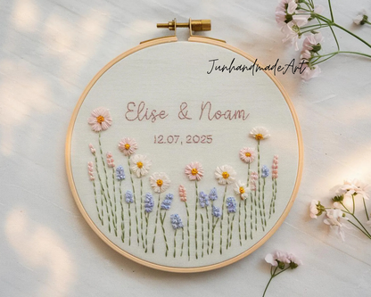 Custom Wedding Embroidery Hoop with Flowers and Names – Personalized Hand Embroidered Wildflowers Gift for Couple, Anniversary