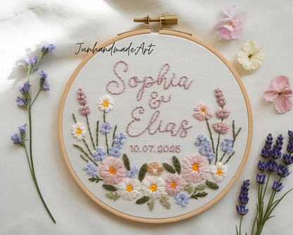 Custom Wedding Embroidery Hoop with Flowers and Names – Personalized Hand Embroidered Wildflowers Gift for Couple, Anniversary