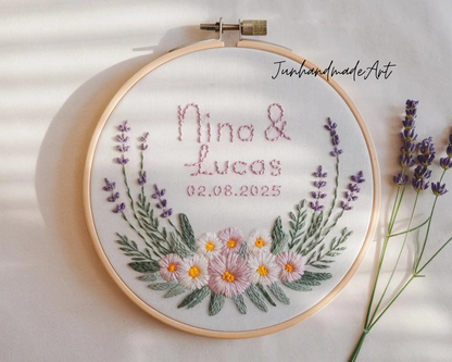 Custom Wedding Embroidery Hoop with Flowers and Names – Personalized Hand Embroidered Wildflowers Gift for Couple, Anniversary