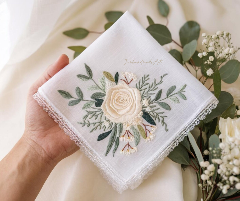 Embroidered Wedding Handkerchief – Custom Floral Hankie for Bride, Bridal Gift, Personalized with Name & Date, Gift for Bride