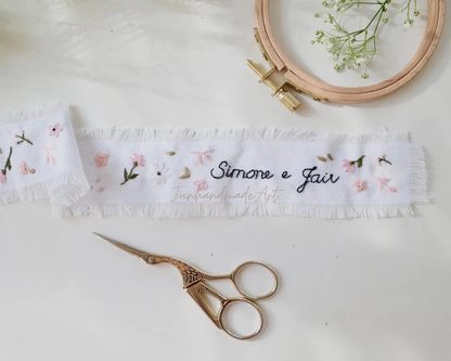 Personalized Embroidered Wedding Ribbon – Custom Linen Tie for Bouquet or Hair, Hand-stitched with Names & Date, Bridal Keepsake Gift